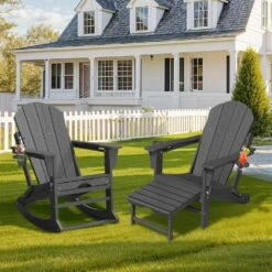 Adirondack Plastic HDPE Folding Outdoor Rocking Chair With Retractable Ottoman And Cup Holder For Patios In Gray -More Furniture Store jearey outdoor rocking chairs dgnyy dr c3 1000