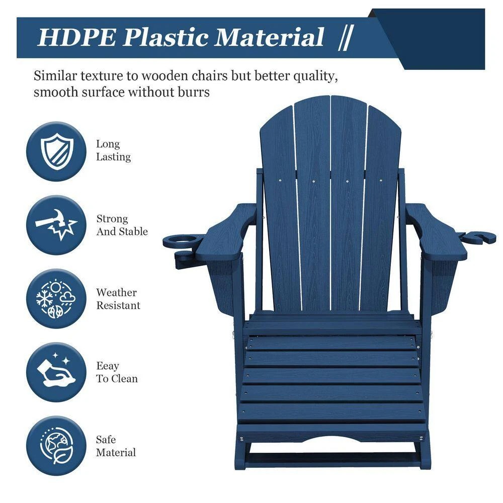 Adirondack Plastic HDPE Folding Outdoor Rocking Chair With Retractable Ottoman And Cup Holder For Porches Patios In Navy 5 Adirondack Plastic HDPE Folding Outdoor Rocking Chair With Retractable Ottoman And Cup Holder For Porches Patios In Navy - Image 5