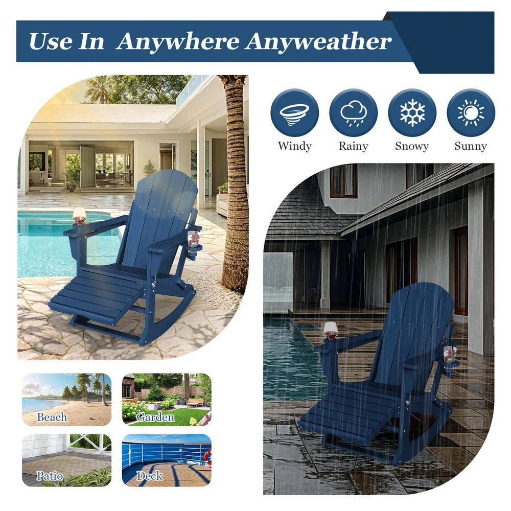 Adirondack Plastic HDPE Folding Outdoor Rocking Chair With Retractable Ottoman And Cup Holder For Porches Patios In Navy 9 Adirondack Plastic HDPE Folding Outdoor Rocking Chair With Retractable Ottoman And Cup Holder For Porches Patios In Navy - Image 9