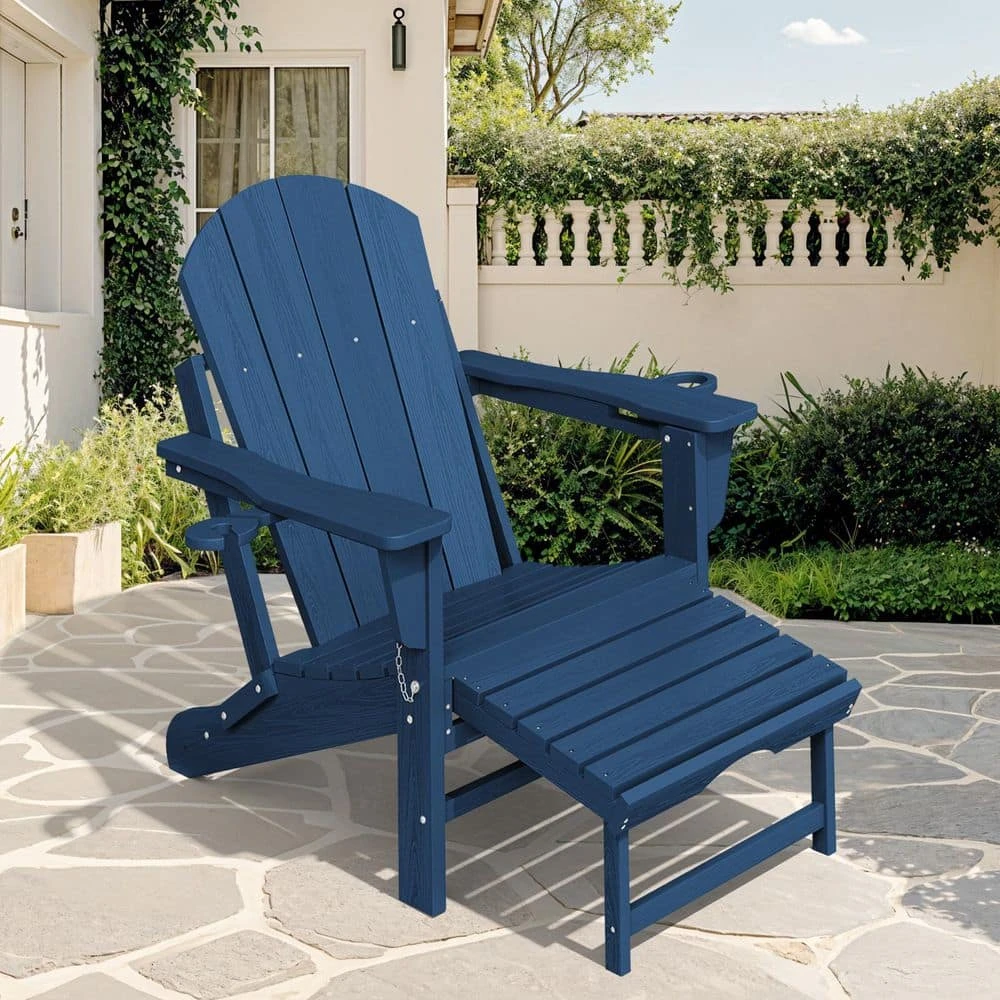 Adirondack Plastic HDPE Folding Outdoor Rocking Chair With Retractable Ottoman And Cup Holder For Porches Patios In Navy 4 Adirondack Plastic HDPE Folding Outdoor Rocking Chair With Retractable Ottoman And Cup Holder For Porches Patios In Navy - Image 4
