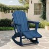 Adirondack Plastic HDPE Folding Outdoor Rocking Chair With Retractable Ottoman And Cup Holder For Porches Patios In Navy