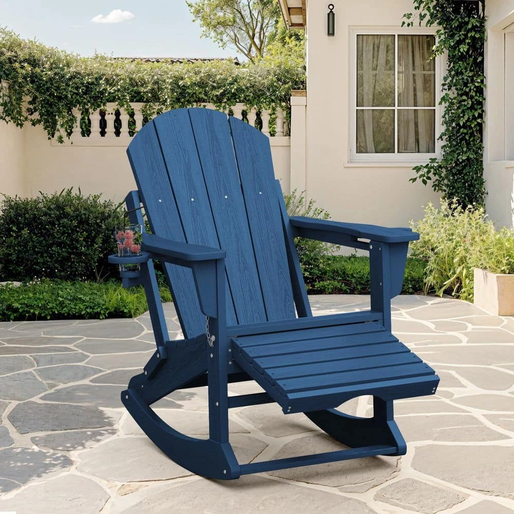 Adirondack Plastic HDPE Folding Outdoor Rocking Chair With Retractable Ottoman And Cup Holder For Porches Patios In Navy 1 Adirondack Plastic HDPE Folding Outdoor Rocking Chair With Retractable Ottoman And Cup Holder For Porches Patios In Navy