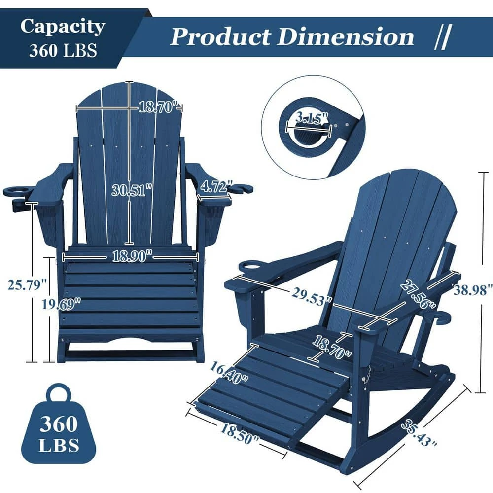 Adirondack Plastic HDPE Folding Outdoor Rocking Chair With Retractable Ottoman And Cup Holder For Porches Patios In Navy 2 Adirondack Plastic HDPE Folding Outdoor Rocking Chair With Retractable Ottoman And Cup Holder For Porches Patios In Navy - Image 2