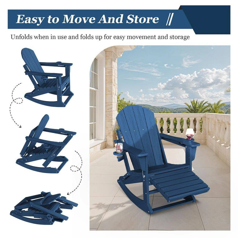 Adirondack Plastic HDPE Folding Outdoor Rocking Chair With Retractable Ottoman And Cup Holder For Porches Patios In Navy 7 Adirondack Plastic HDPE Folding Outdoor Rocking Chair With Retractable Ottoman And Cup Holder For Porches Patios In Navy - Image 7