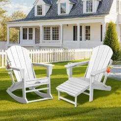 Adirondack Plastic HDPE Folding Outdoor Rocking Chair With Retractable Ottoman And Cup Holder For Patios In White -More Furniture Store jearey outdoor rocking chairs dgnyy white 40 1000