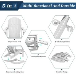 Adirondack Plastic HDPE Folding Outdoor Rocking Chair With Retractable Ottoman And Cup Holder For Patios In White -More Furniture Store jearey outdoor rocking chairs dgnyy white 44 1000