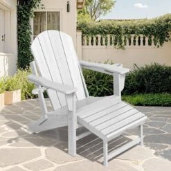 Adirondack Plastic HDPE Folding Outdoor Rocking Chair With Retractable Ottoman And Cup Holder For Patios In White -More Furniture Store jearey outdoor rocking chairs dgnyy white 4f 1000