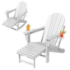Adirondack Plastic HDPE Folding Outdoor Rocking Chair With Retractable Ottoman And Cup Holder For Patios In White -More Furniture Store jearey outdoor rocking chairs dgnyy white c3 1000