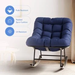 Metal Outdoor Rocking Chair With Navy Padded Cushion And Ottoman Foot Rest For Balcony -More Furniture Store jearey outdoor rocking chairs nhw navy c3 1000