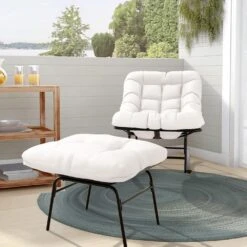 Metal Outdoor Rocking Chair With White Padded Cushion And Ottoman Foot Rest For Balcony