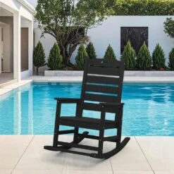 Black HDPE Plastic Outdoor Patio Rocking Chair With Footrest -More Furniture Store jearey outdoor rocking chairs tjyy5 black 31 1000