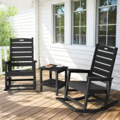 Black HDPE Plastic Outdoor Patio Rocking Chair With Footrest -More Furniture Store jearey outdoor rocking chairs tjyy5 black 4f 1000