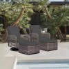 4-Piece Grey Patio Wicker Bistro Furniture Set With 2 Cushioned Swivel Outdoor Rocking Chair With Cushion And 2 Ottomans