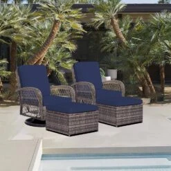 4-Piece Navy Patio Wicker Bistro Furniture Set With 2 Cushioned Swivel Outdoor Rocking Chair With Cushion And 2 Ottomans -More Furniture Store jearey outdoor rocking chairs xes 4 navy 31 1000