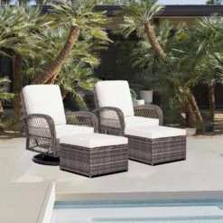 4-Piece White Patio Wicker Bistro Furniture Set With Swivel Outdoor Rocking Chair With Cushion And 2 Ottomans -More Furniture Store jearey outdoor rocking chairs xes 4 white 31 1000