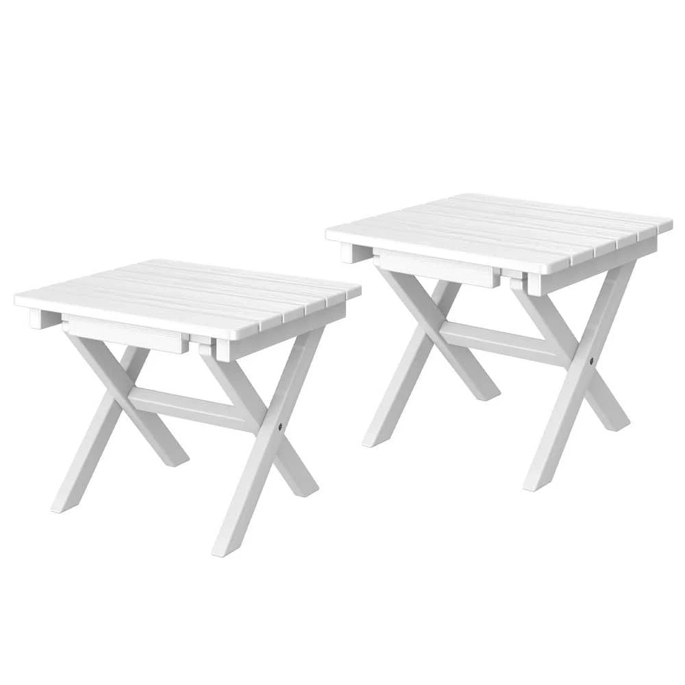 White HDPE Plastic Portable Patio End Table Folding Outdoor Coffee Table (Set Of 2) 1 White HDPE Plastic Portable Patio End Table Folding Outdoor Coffee Table (Set Of 2)