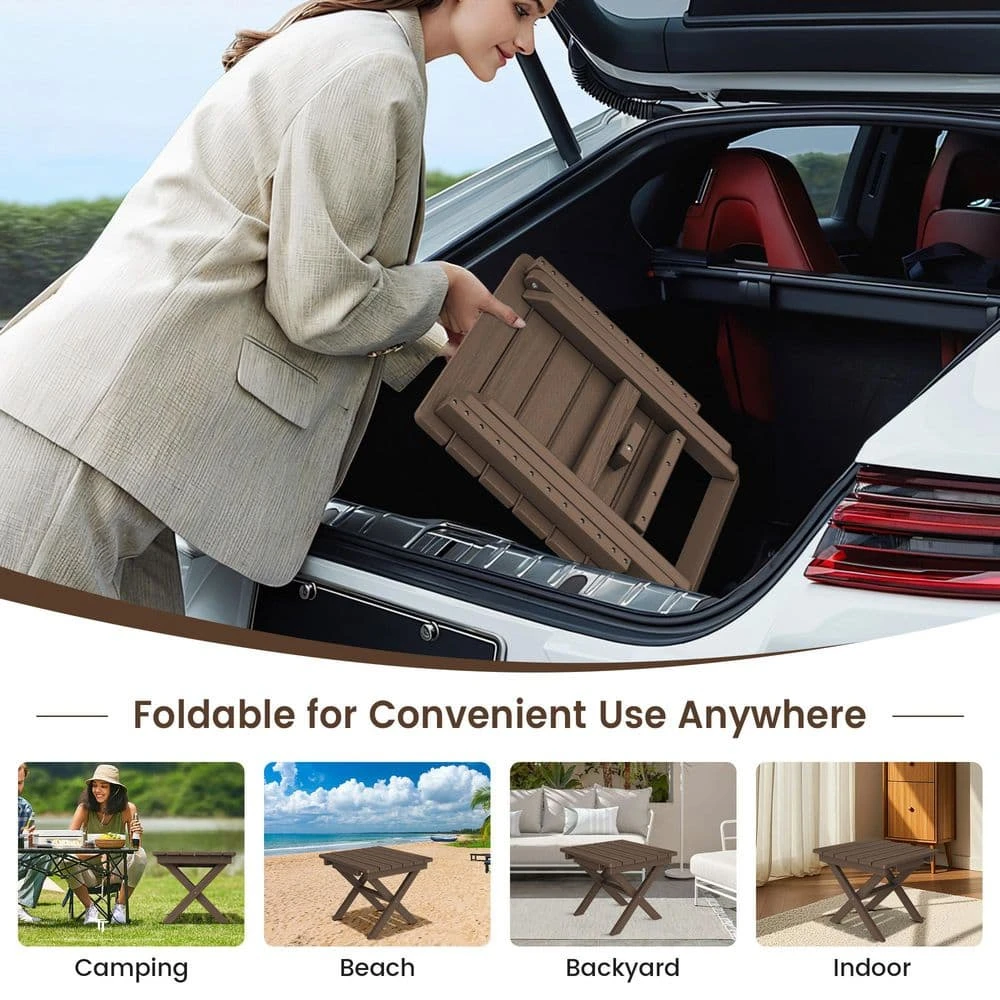 Brown HDPE Plastic Portable Patio End Table Folding Outdoor Coffee Table 7 Brown HDPE Plastic Portable Patio End Table Folding Outdoor Coffee Table - Image 7