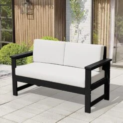 Black 4-Piece HDPE Plastic Patio Conversation Set With Beige Cushions 19 Black 4-Piece HDPE Plastic Patio Conversation Set With Beige Cushions -More Furniture Store jearey patio conversation sets 4cvst blbg c3 1000