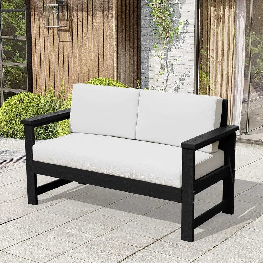Black 4-Piece HDPE Plastic Patio Conversation Set With Beige Cushions 7 Black 4-Piece HDPE Plastic Patio Conversation Set With Beige Cushions - Image 7
