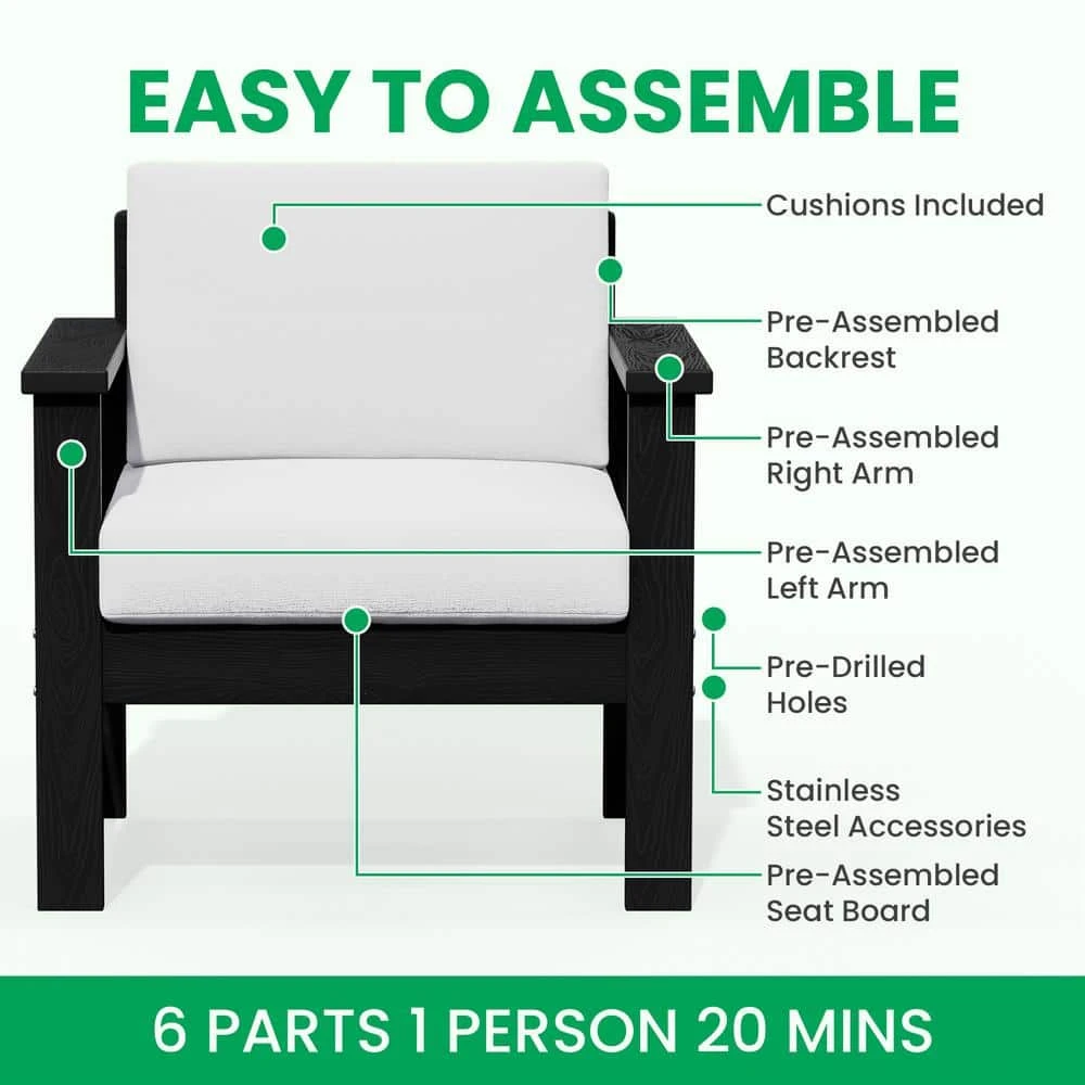 Black 4-Piece HDPE Plastic Patio Conversation Set With Beige Cushions 2 Black 4-Piece HDPE Plastic Patio Conversation Set With Beige Cushions - Image 2