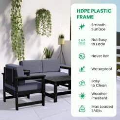 Black 4-Piece HDPE Plastic Patio Conversation Set With Grey Cushions -More Furniture Store jearey patio conversation sets 4cvst blgr 1f 1000