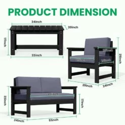 Black 4-Piece HDPE Plastic Patio Conversation Set With Grey Cushions -More Furniture Store jearey patio conversation sets 4cvst blgr 31 1000