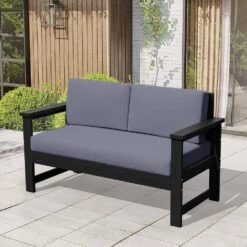 Black 4-Piece HDPE Plastic Patio Conversation Set With Grey Cushions -More Furniture Store jearey patio conversation sets 4cvst blgr 4f 1000