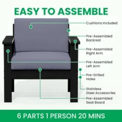 Black 4-Piece HDPE Plastic Patio Conversation Set With Grey Cushions -More Furniture Store jearey patio conversation sets 4cvst blgr 66 1000