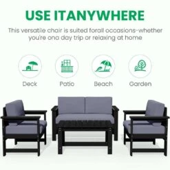 Black 4-Piece HDPE Plastic Patio Conversation Set With Grey Cushions -More Furniture Store jearey patio conversation sets 4cvst blgr 76 1000