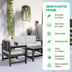 Grey 4-Piece HDPE Plastic Patio Conversation Set With Beige Cushions -More Furniture Store jearey patio conversation sets 4cvst grbg 1f 1000