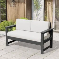 Grey 4-Piece HDPE Plastic Patio Conversation Set With Beige Cushions -More Furniture Store jearey patio conversation sets 4cvst grbg 4f 1000