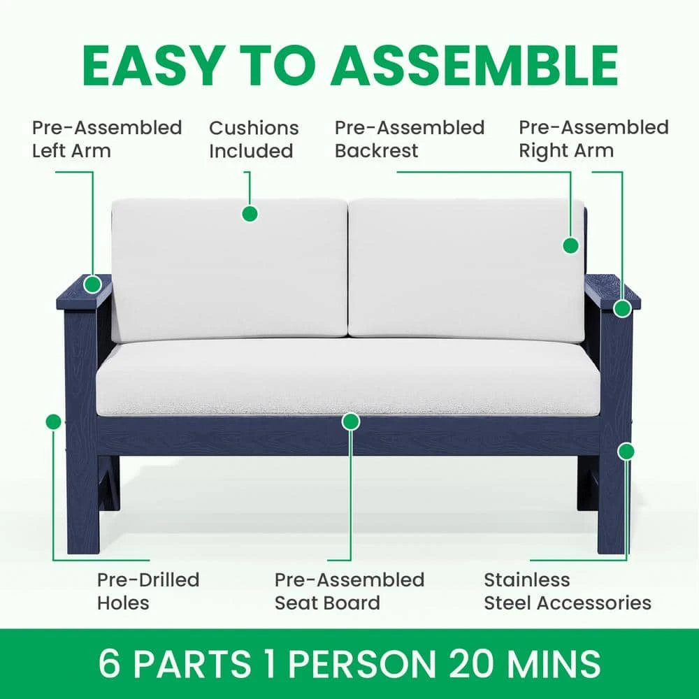 Navy 4-Piece HDPE Plastic Patio Conversation Set With Beige Cushions 3 Navy 4-Piece HDPE Plastic Patio Conversation Set With Beige Cushions - Image 3