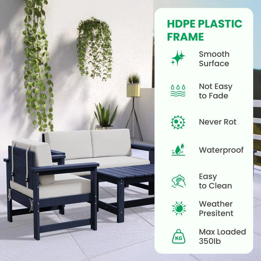 Navy 4-Piece HDPE Plastic Patio Conversation Set With Beige Cushions 8 Navy 4-Piece HDPE Plastic Patio Conversation Set With Beige Cushions - Image 8