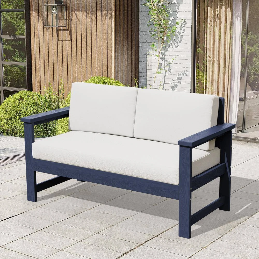 Navy 4-Piece HDPE Plastic Patio Conversation Set With Beige Cushions 7 Navy 4-Piece HDPE Plastic Patio Conversation Set With Beige Cushions - Image 7