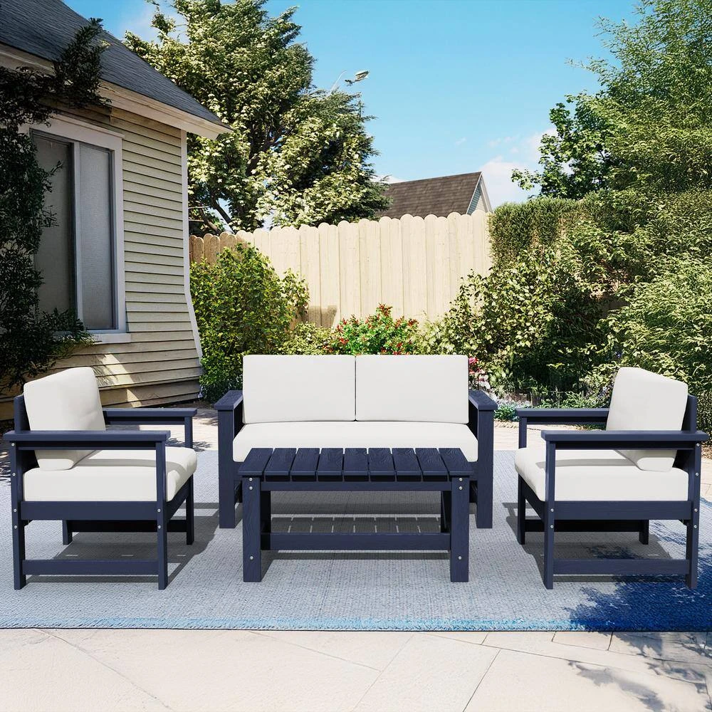 Navy 4-Piece HDPE Plastic Patio Conversation Set With Beige Cushions 1 Navy 4-Piece HDPE Plastic Patio Conversation Set With Beige Cushions