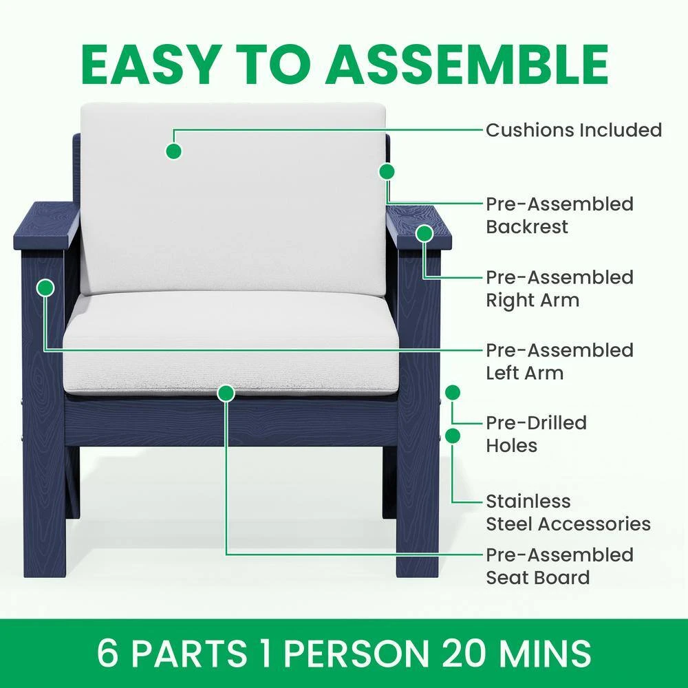 Navy 4-Piece HDPE Plastic Patio Conversation Set With Beige Cushions 4 Navy 4-Piece HDPE Plastic Patio Conversation Set With Beige Cushions - Image 4