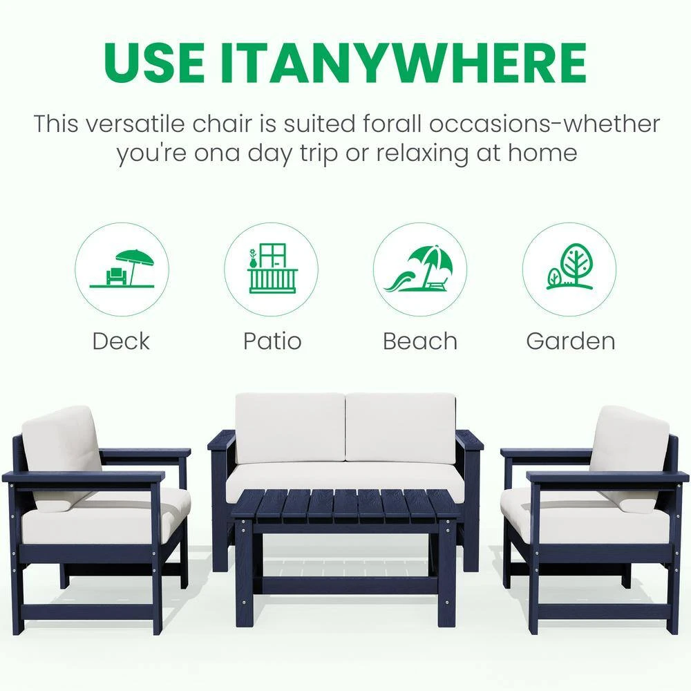 Navy 4-Piece HDPE Plastic Patio Conversation Set With Beige Cushions 11 Navy 4-Piece HDPE Plastic Patio Conversation Set With Beige Cushions - Image 11