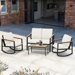 4-Piece Metal Outdoor Patio Conversation Set With Beige Cushions, 2-Rocking Chairs And Coffee Table -More Furniture Store jearey patio conversation sets 5ty beige 31 1000
