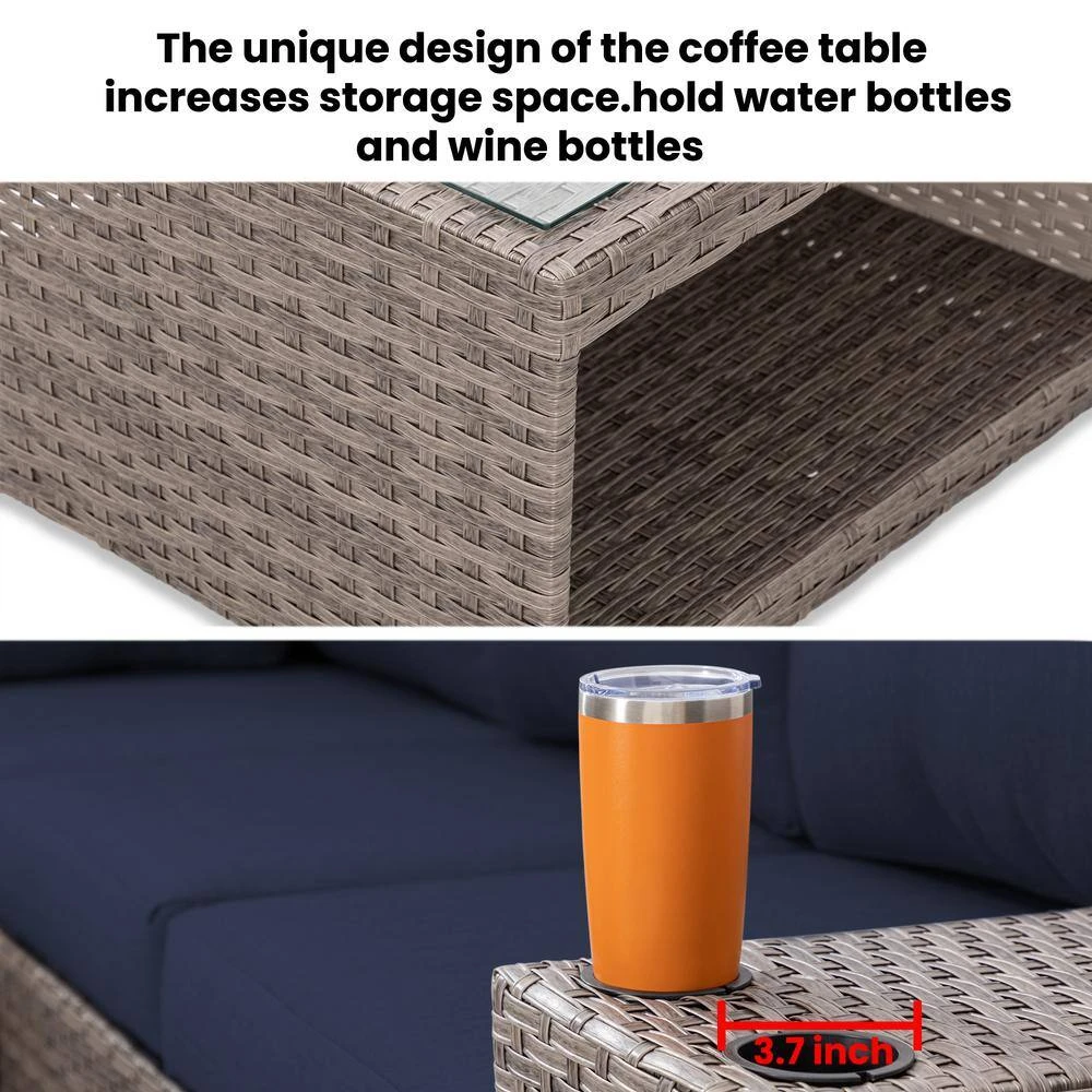 9-Piece Wicker Outdoor Patio Conversation Seating Set With Navy Olefin Cushions 5 9-Piece Wicker Outdoor Patio Conversation Seating Set With Navy Olefin Cushions - Image 5