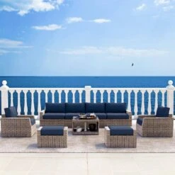 9-Piece Wicker Outdoor Patio Conversation Seating Set With Navy Olefin Cushions 19 9-Piece Wicker Outdoor Patio Conversation Seating Set With Navy Olefin Cushions -More Furniture Store jearey patio conversation sets 9psl navy 31 1000