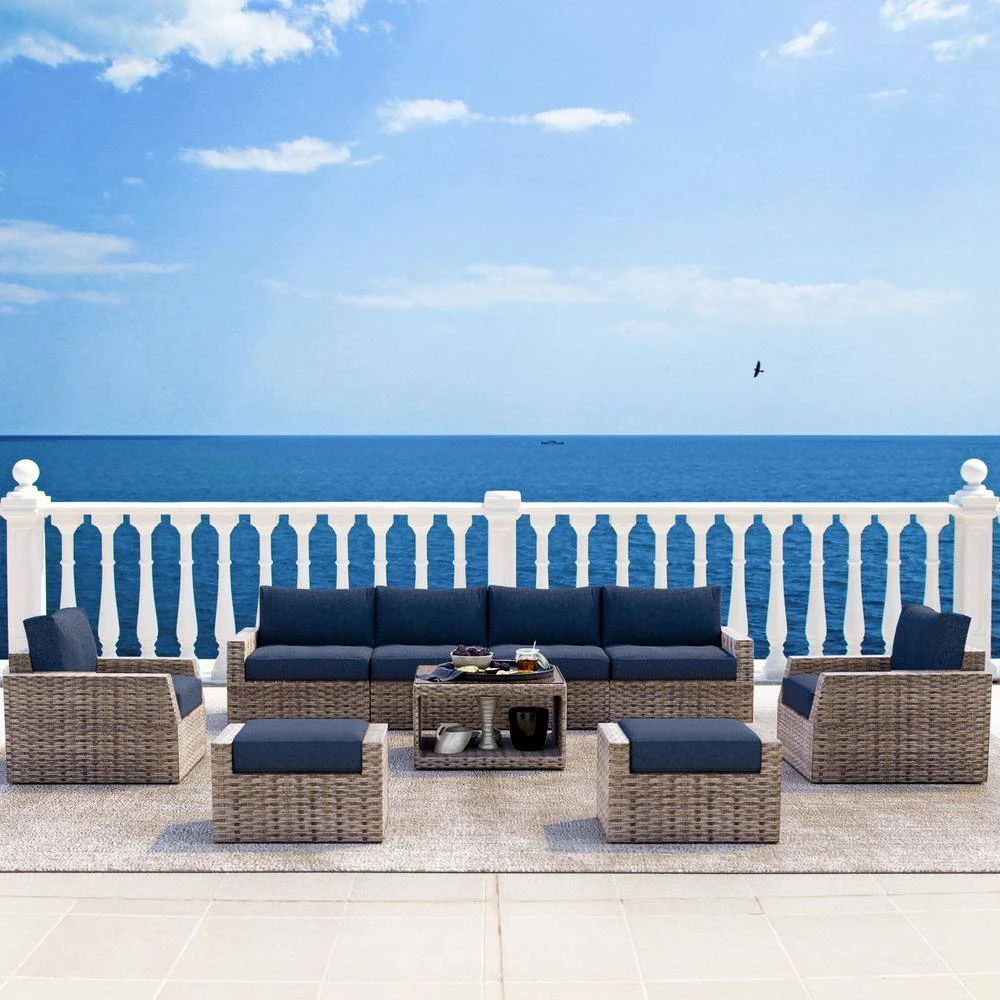 9-Piece Wicker Outdoor Patio Conversation Seating Set With Navy Olefin Cushions 10 9-Piece Wicker Outdoor Patio Conversation Seating Set With Navy Olefin Cushions - Image 10