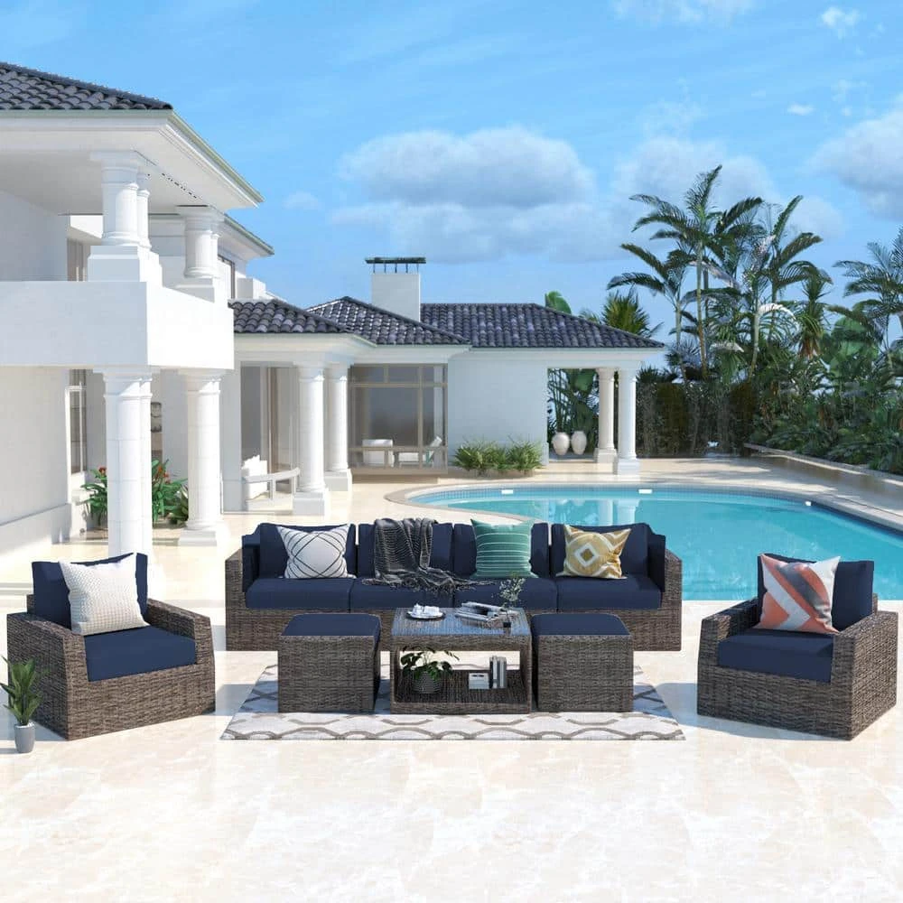 9-Piece Wicker Outdoor Patio Conversation Seating Set With Navy Olefin Cushions 1 9-Piece Wicker Outdoor Patio Conversation Seating Set With Navy Olefin Cushions