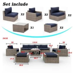 9-Piece Wicker Outdoor Patio Conversation Seating Set With Navy Olefin Cushions 16 9-Piece Wicker Outdoor Patio Conversation Seating Set With Navy Olefin Cushions -More Furniture Store jearey patio conversation sets 9psl navy 77 1000