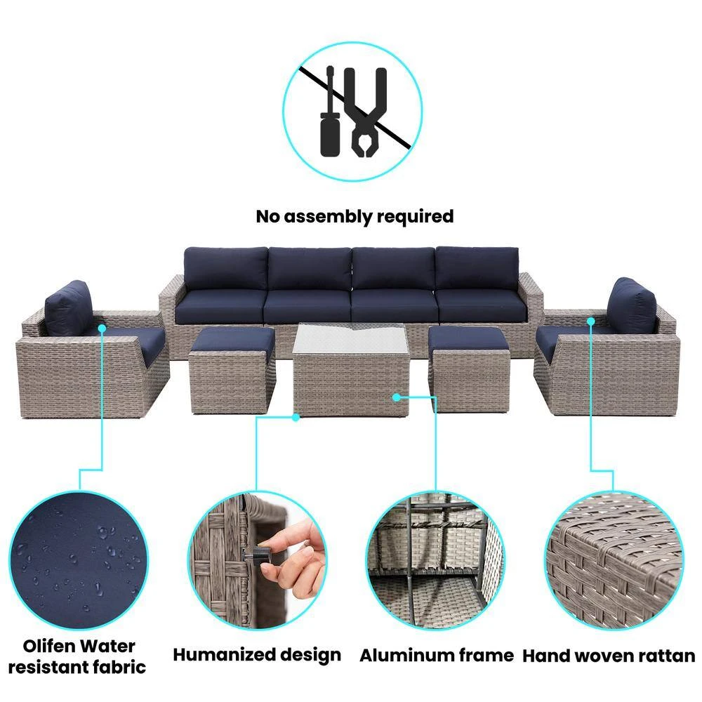9-Piece Wicker Outdoor Patio Conversation Seating Set With Navy Olefin Cushions 2 9-Piece Wicker Outdoor Patio Conversation Seating Set With Navy Olefin Cushions - Image 2