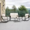4-Piece Metal Outdoor Beige Patio Conversation Set With Cushions, 2-Rocking Chairs And Coffee Table
