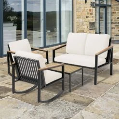 4-Piece Metal Outdoor Beige Patio Conversation Set With Cushions, 2-Rocking Chairs And Coffee Table -More Furniture Store jearey patio conversation sets agsd beige 76 1000