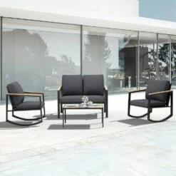 4-Piece Metal Outdoor Grey Patio Conversation Set With Cushions, 2-Rocking Chairs And Coffee Table -More Furniture Store jearey patio conversation sets agsd grey 31 1000