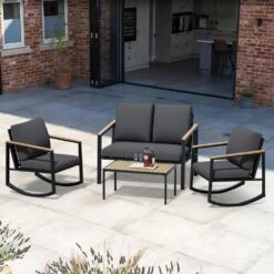 4-Piece Metal Outdoor Grey Patio Conversation Set With Cushions, 2-Rocking Chairs And Coffee Table -More Furniture Store jearey patio conversation sets agsd grey 66 1000