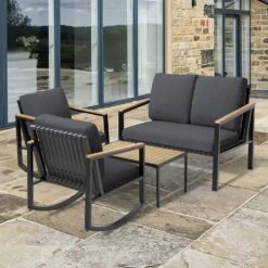4-Piece Metal Outdoor Grey Patio Conversation Set With Cushions, 2-Rocking Chairs And Coffee Table -More Furniture Store jearey patio conversation sets agsd grey 76 1000