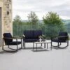 4-Piece Metal Outdoor Navy Patio Conversation Set With Cushions, 2-Rocking Chairs And Coffee Table